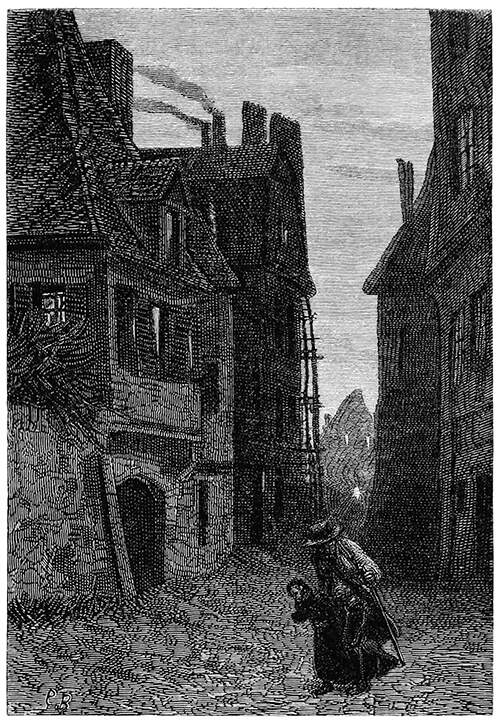 A child and a man are walking away from a neighborhood of dilapidated houses