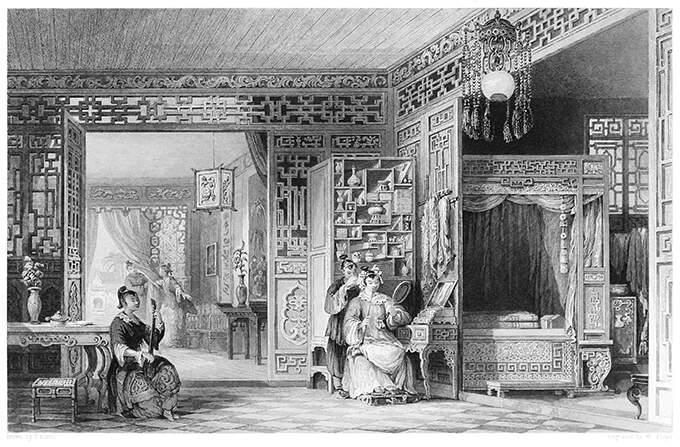 A Chinese lady smokes a pipe in her boudoir while a maid does her hair