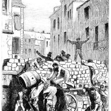 The rebels of June 1832 build the barricade rue de la Chanvrerie