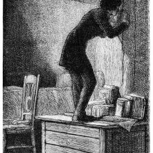 A young man climbed upon a chest of drawers to peep into the adjacent room