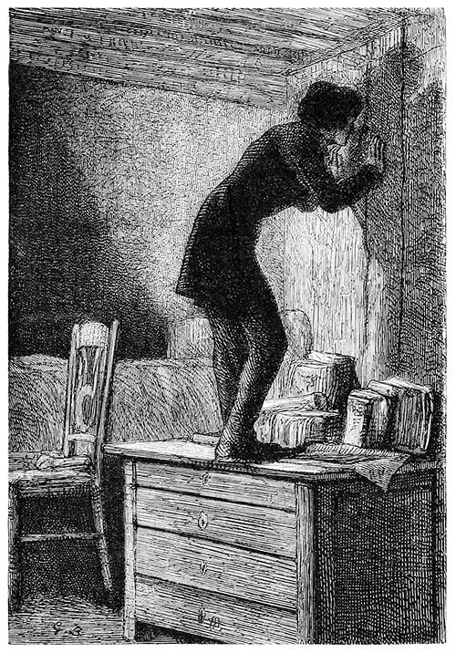A young man climbed upon a chest of drawers to peep into the adjacent room