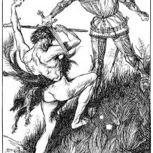 A bellicose shepherd is struck on the head by a knight wielding his sword