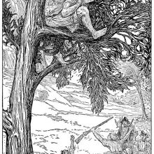 A man hiding in a tree scares the pirates below with his shouting
