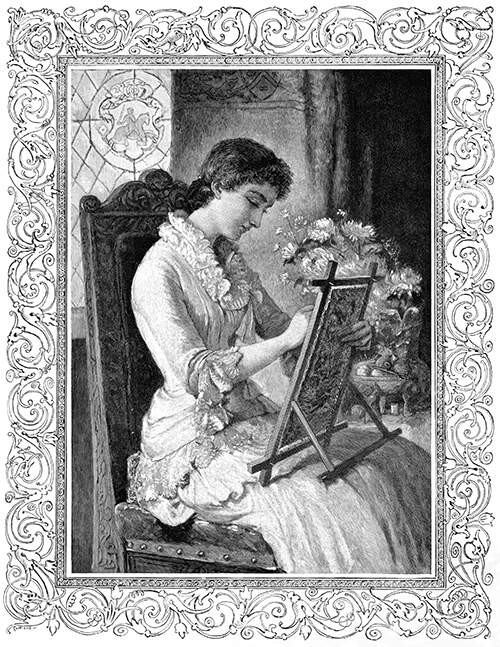 A woman sitting on a chair is busy embroidering a canvas mounted on a frame