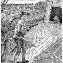 A man with a knife between his teeth rears his head to take a peek at the deck