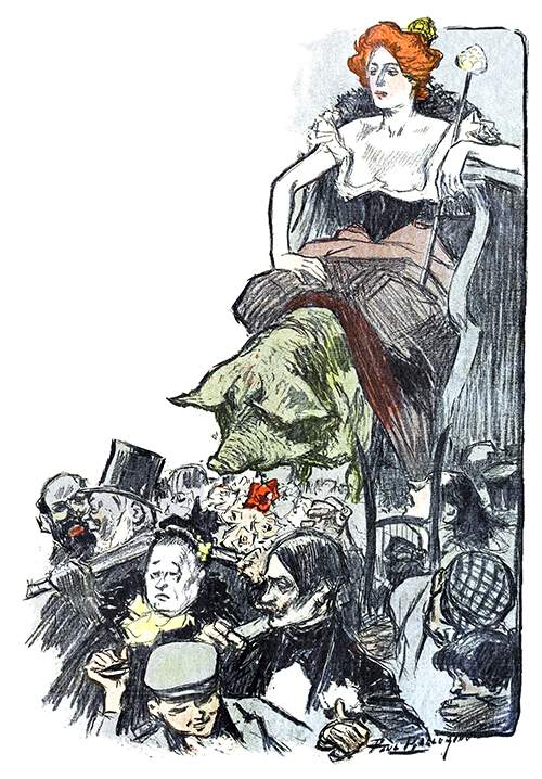 A woman on a throne rides a pig while borne on men's shoulders in a procession