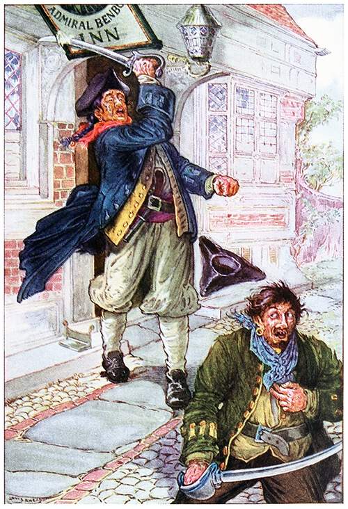 A man is running away from another wielding his cutlass at him
