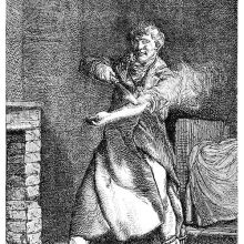 A man applies a white-hot chisel to his left arm