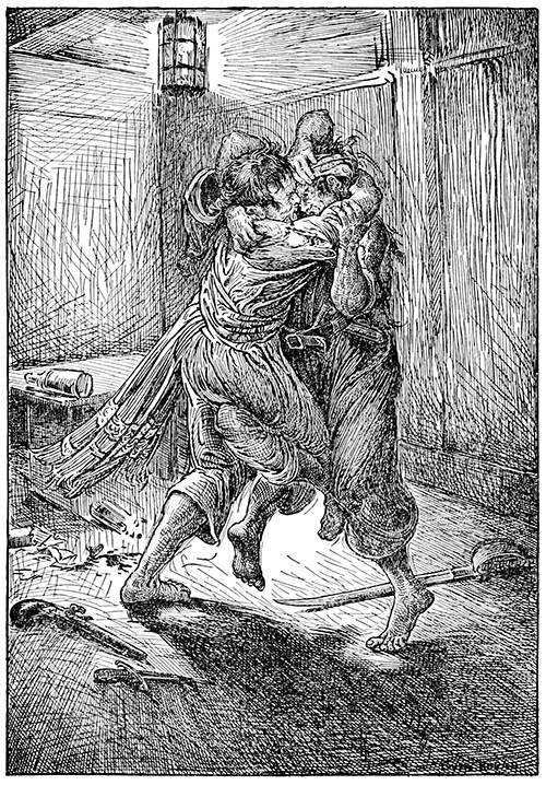 Two men are furiously wrestling each other, entwined, as weapons lie on the floor
