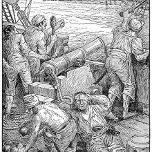 Men on a ship are busy around a cannon, ready to fire it