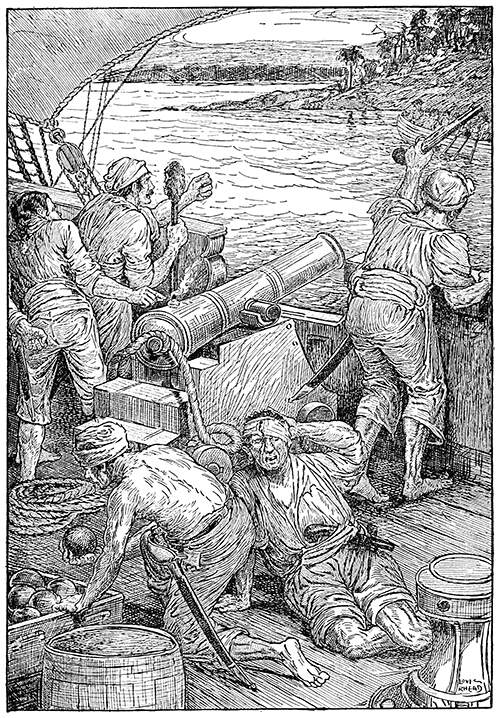 Men on a ship are busy around a cannon, ready to fire it