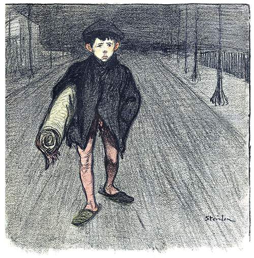 A half-naked, sickly-looking boy walks on a road carrying a carpet under his arm