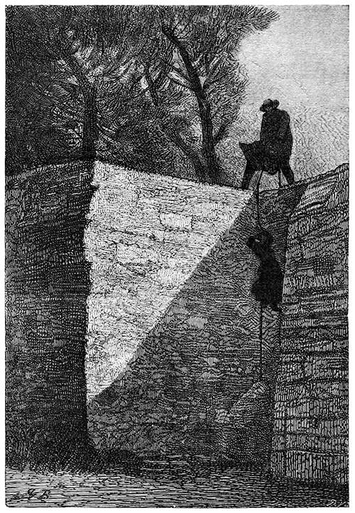 A man silhouetted at the top of a wall hauls up a woman holding on a rope