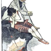 A smoking man wearing a boater is sitting beside a woman in a red bathing suit