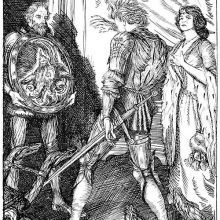 An astounded young knight looks into a round shield reflecting a monstrous face