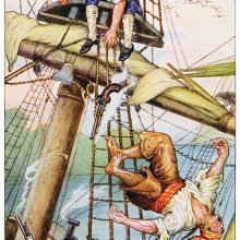 A youth sits at the crosstrees of a mast as his pursuer falls from the rigging