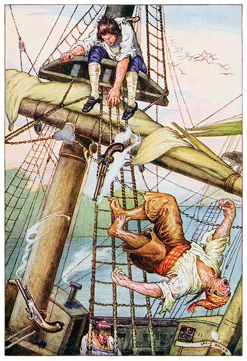 A youth sits at the crosstrees of a mast as his pursuer falls from the rigging