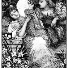 A woman is reclining on a bench as a young man leans over and her takes her hand