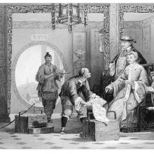 A Chinese lady sitting in an armchair is shown a sample of cloth by a seller
