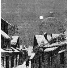 A man is seen walking away in the moonlit street of a town covered in snow
