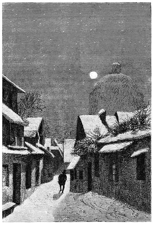A man is seen walking away in the moonlit street of a town covered in snow