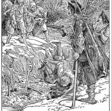 An altercation is taking place between pirates separated by a freshly-dug trench