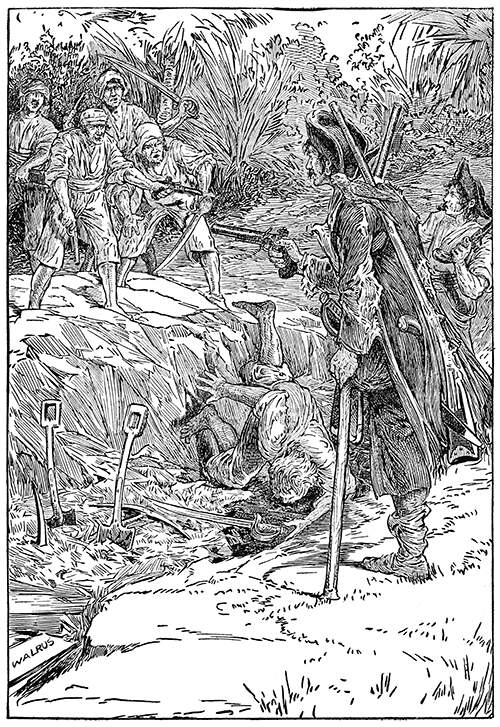 An altercation is taking place between pirates separated by a freshly-dug trench