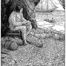 A man is sitting in a cave amid bags and coins scattered all over the floor