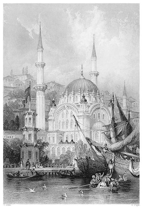 View of Nusretiye Mosque with people boarding a ship from a rowboat in the foreground