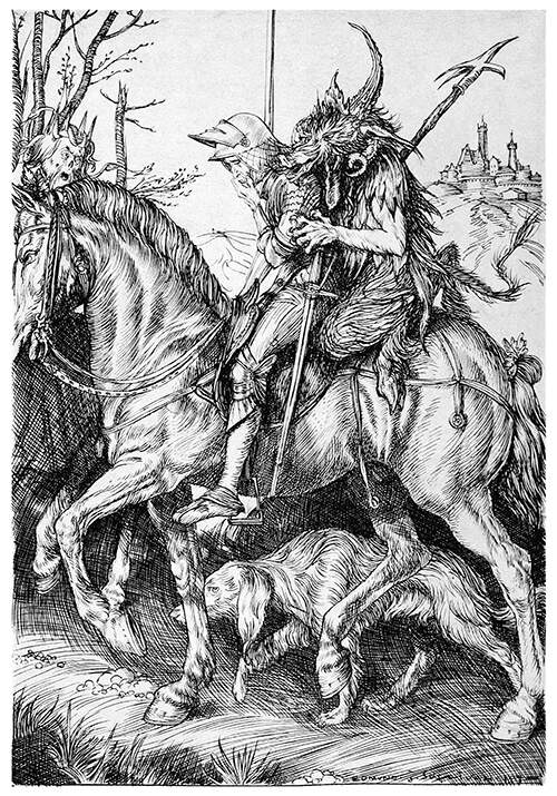 A brooding knight in armor is seen from the side riding a horse with the Devil