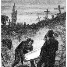 Two men in a cemetery are carrying a coffin to a public grave