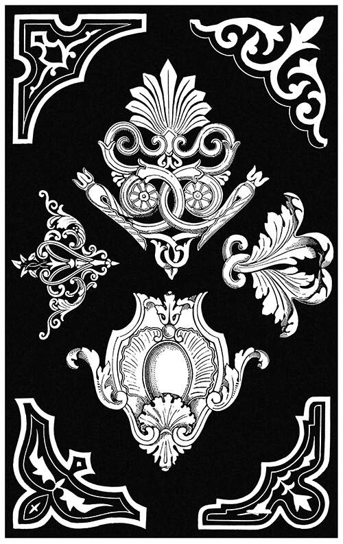 Tailpiece-like and corner ornaments with palmettes and foliage design