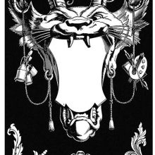 Ornament in the shape of a grotesque cat-like face with horns holding a cartouche
