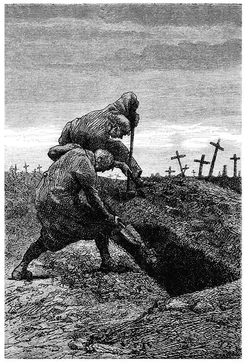 Two men are busy digging a grave in a cemetery with crosses in the background