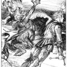 A knight and a leaping creature with goat's legs stand in a storm on the seashore