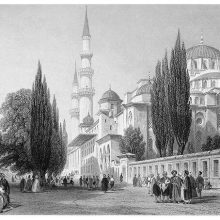 Süleymaniye Mosque seen from the outer court, an esplanade busy with people
