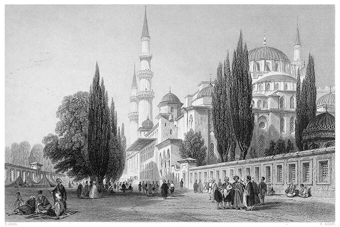 Süleymaniye Mosque seen from the outer court, an esplanade busy with people