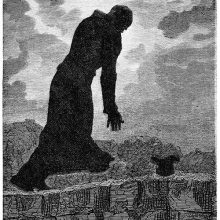 A man wearing silhouetted against a cloudy sky lets himself fall down a parapet
