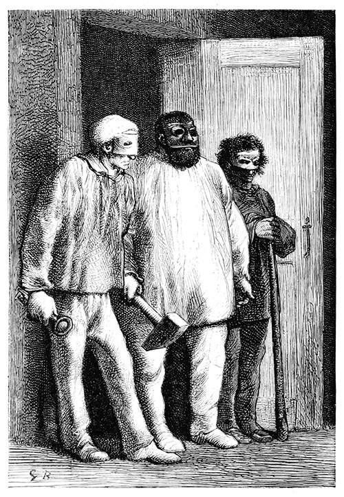 Three men wearing masks stand in front of a doorway in a threatening attitude