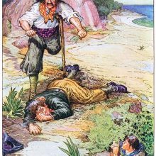 A one-legged man stands with a knife in his hand before the body of another