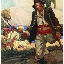 A one-legged man has a parrot on his shoulder and a cutlass in his hand