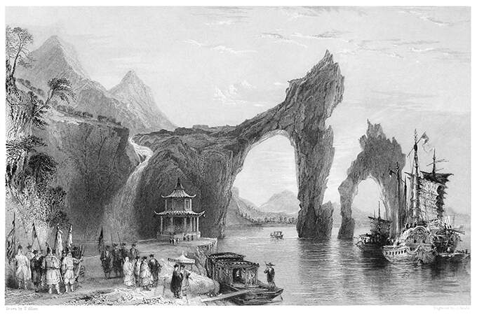 Limestone promontory forming an arch over the water, near Lake Taihu, China
