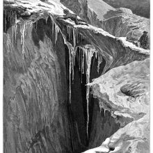 A man crawls across a bridge of ice spanning two sides of a chasm