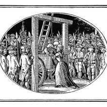 A man has been brought to the gallows in a cart and leans over a woman standing behind