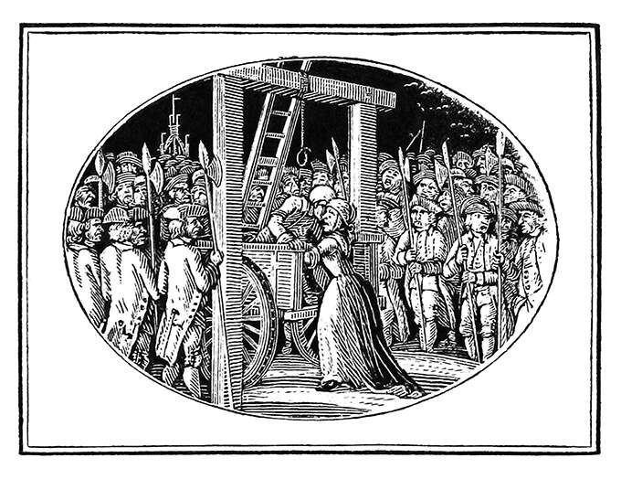 A man has been brought to the gallows in a cart and leans over a woman standing behind