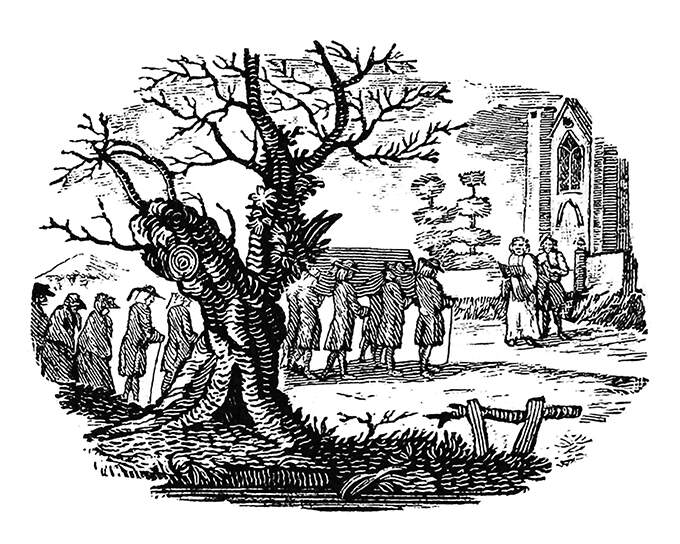A tree in the foreground partly hides a funeral procession arriving at the church