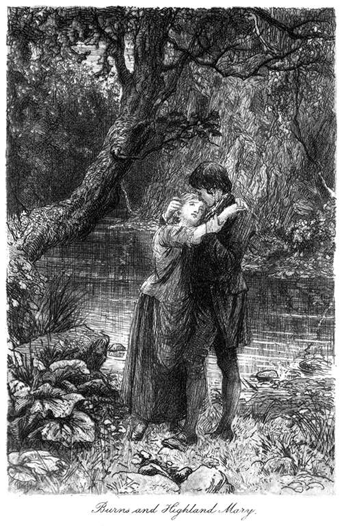 A young man and woman stand clasped in each other's arms on a river bank
