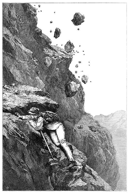 A mountaineer climbing an uneven rock face shelters himself from falling rocks