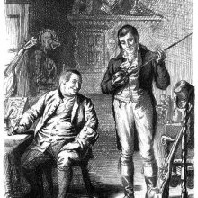 A man is sitting at his desk as another takes a look at a sword behind him