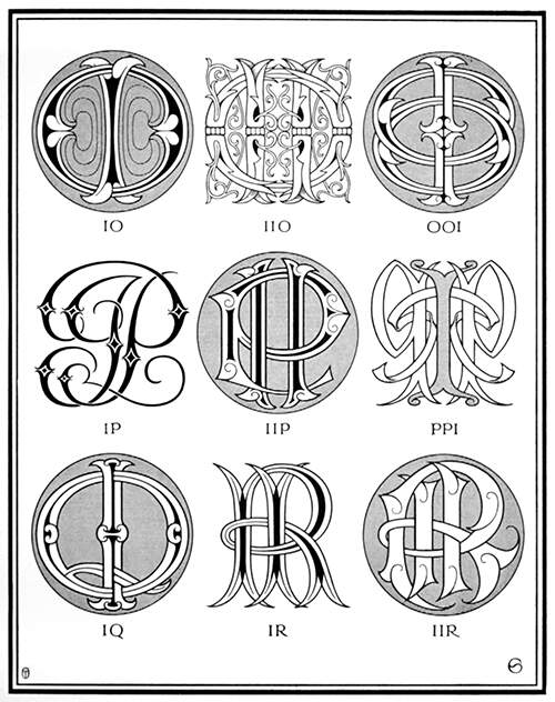 Plate showing nine ciphers combining the letter I with O, P, Q, and R